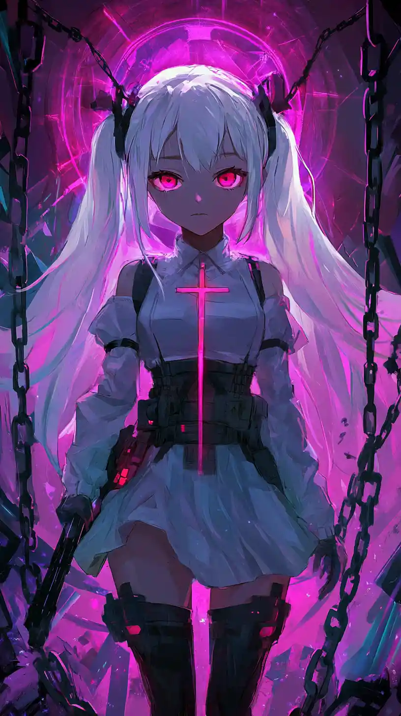 Serious anime girl with halo, spear and glowing wings