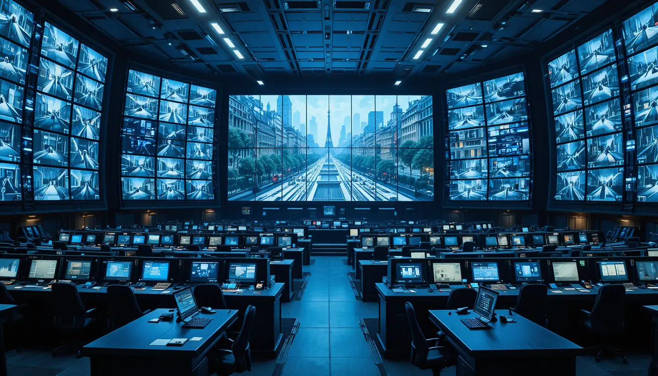 Vasta sala di controllo futuristica che sovrasta la sorveglianza urbana in tempo reale