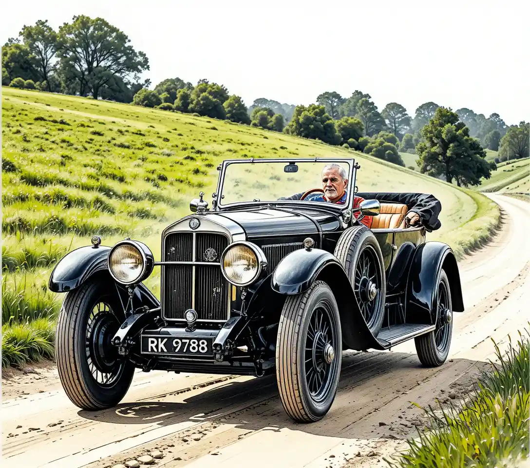 Vintage touring car on dusty country road at sunset