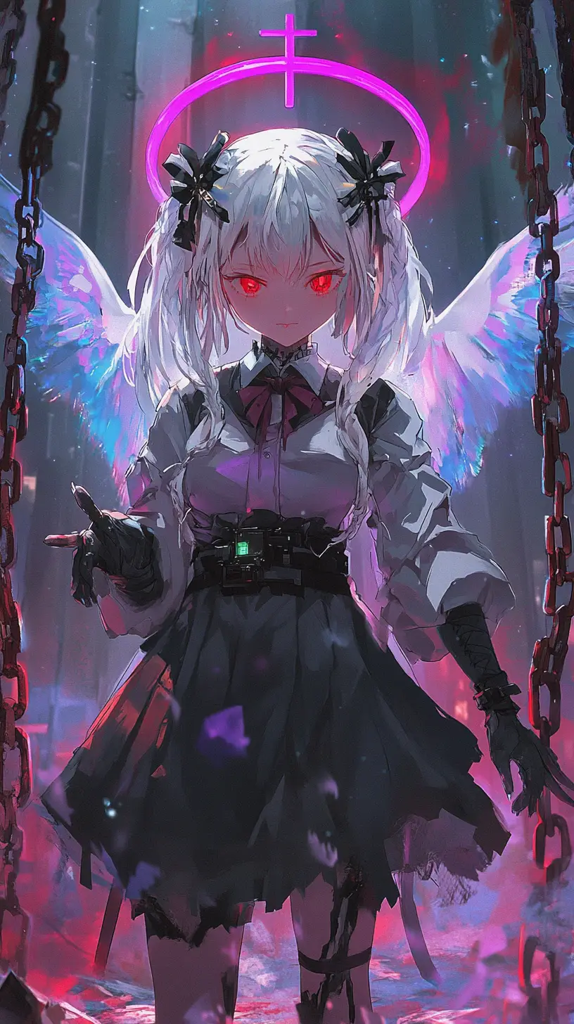 Serious anime girl with halos spear and ethereal wings