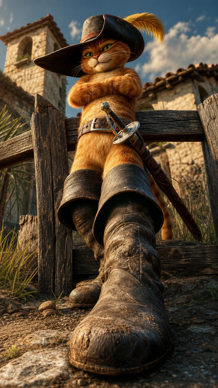 Gato con botas desde un ángulo bajo en un campo medieval