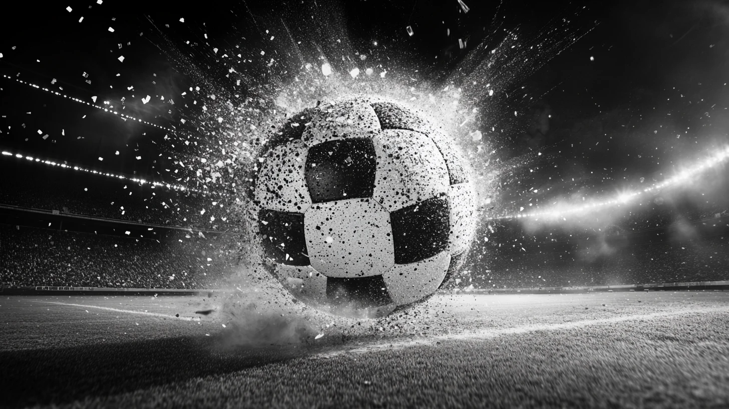 Giant soccer ball opening on a surreal collapsing stadium field