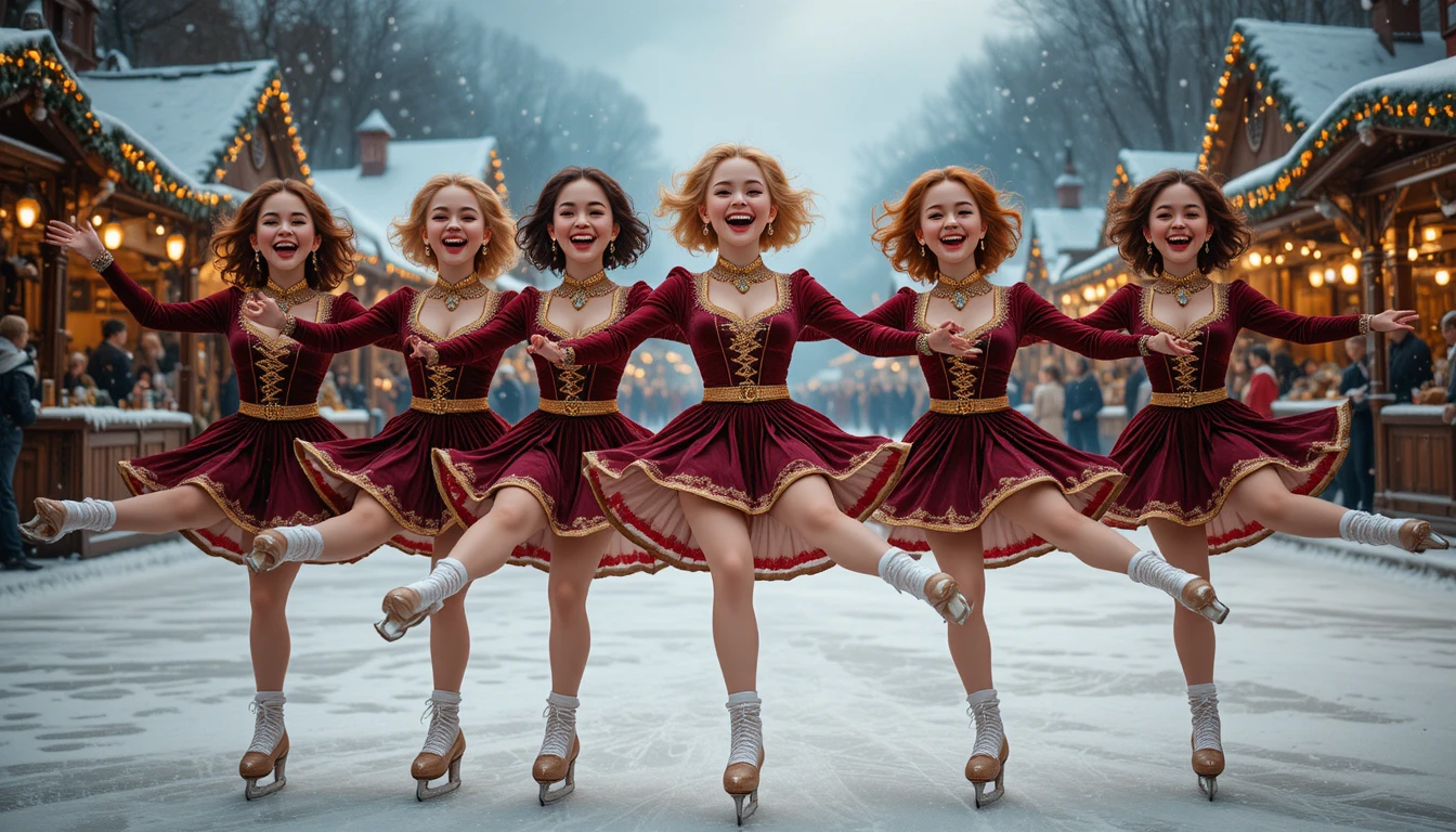 Young skaters kicking in unison at a festive winter market
