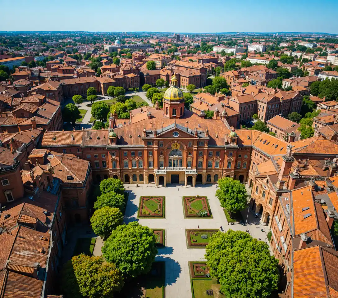 Aerial view of ornate red brick historic building complex