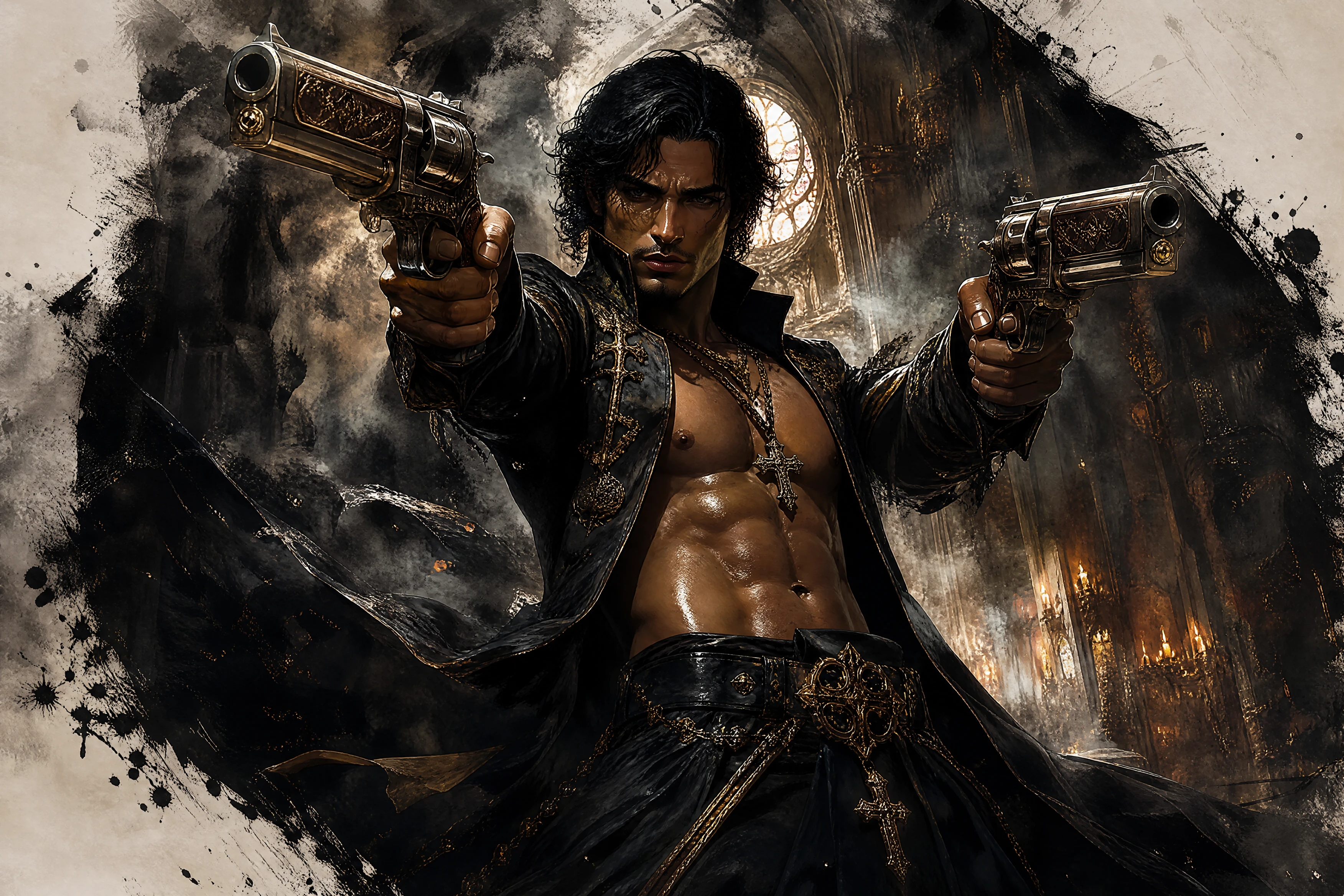 Gothic priest with twin revolvers in ruined cathedral