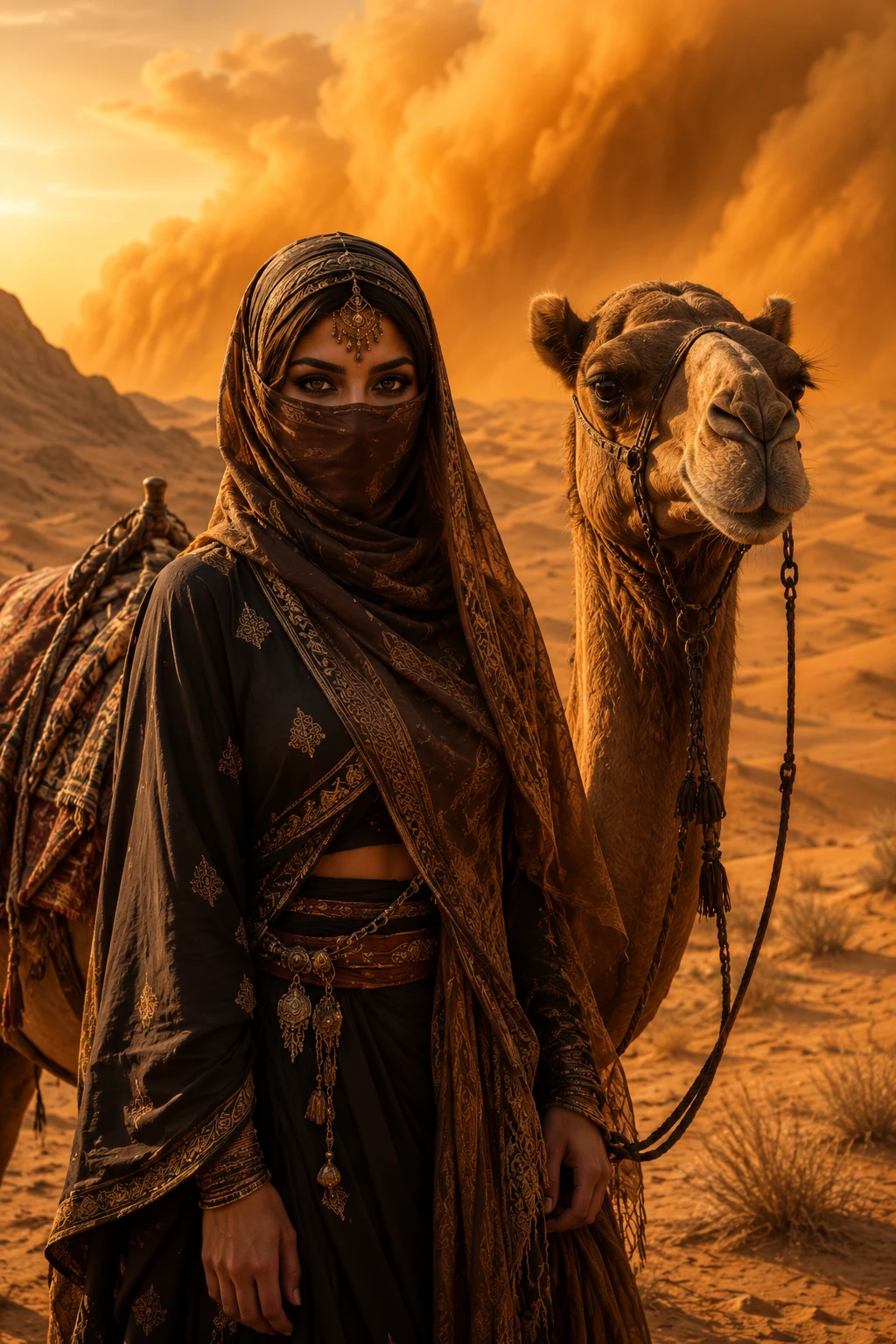 Veiled desert woman with camel in warm sandstorm glow