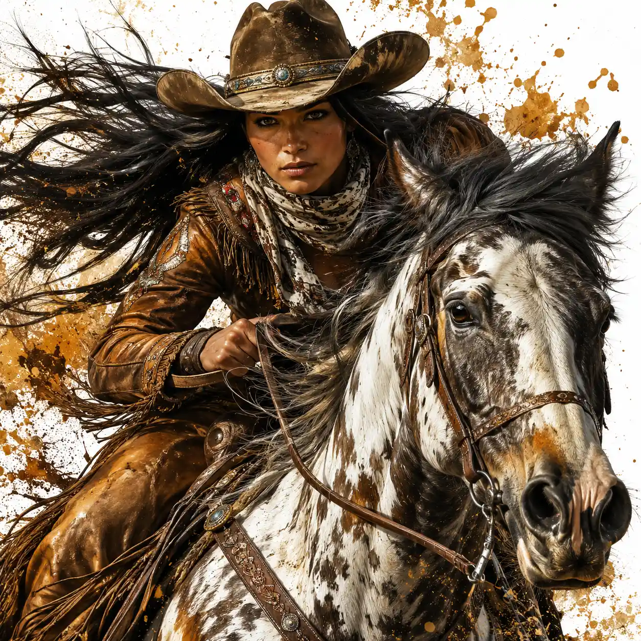 Dynamic close up of a Native American cowgirl in mid gallop
