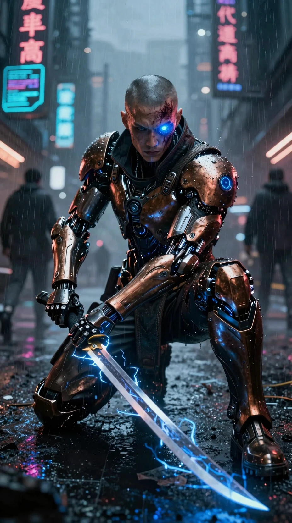 Cyberpunk warrior kneeling in neon lit rainy city street