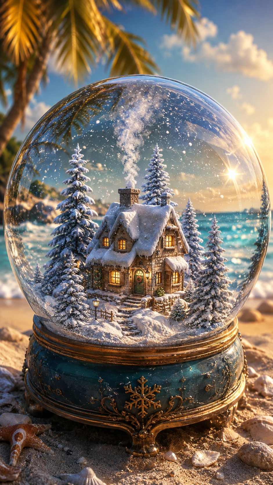 Acogedora cabaña de invierno dentro de una bola de nieve en la playa