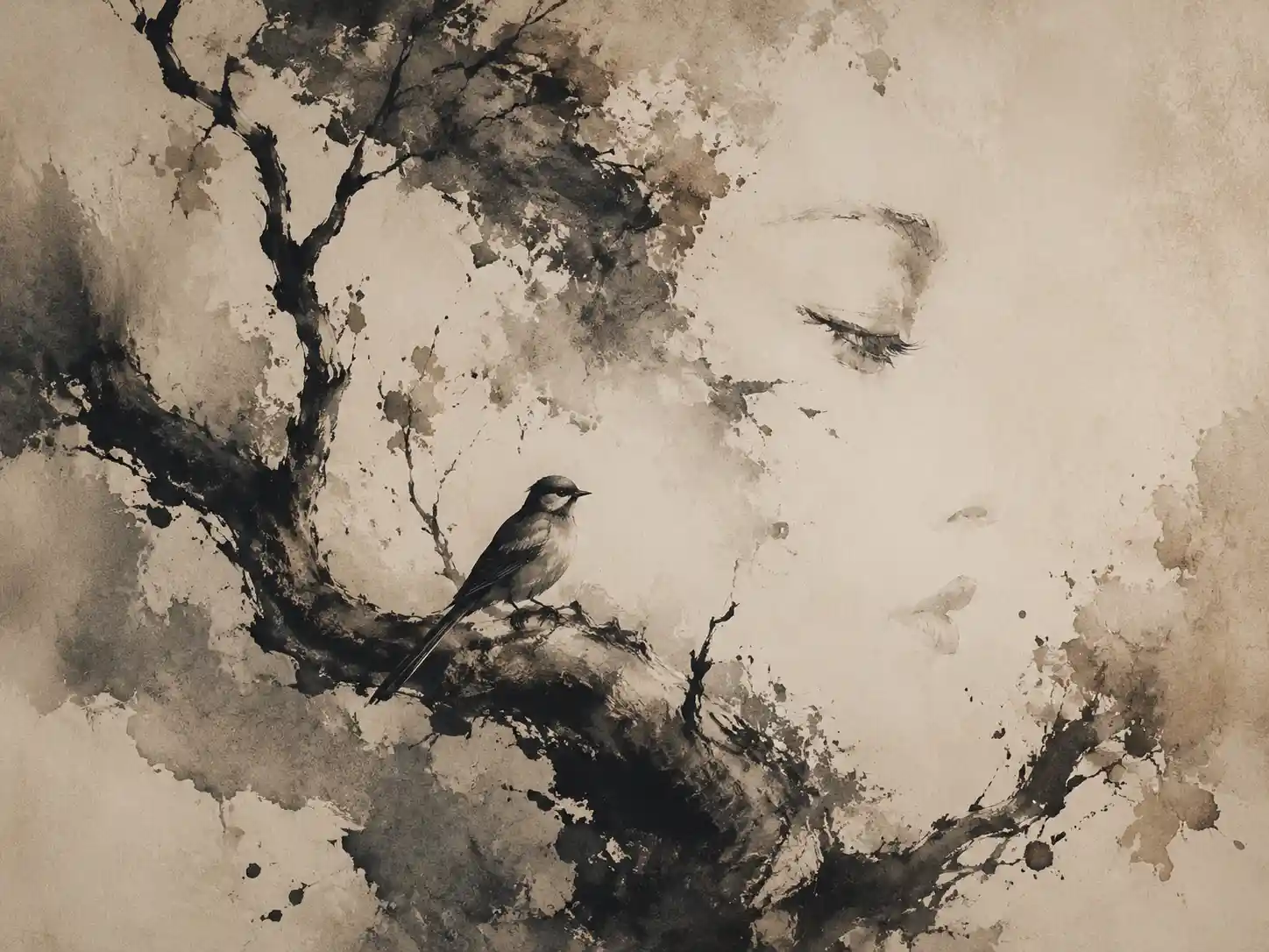 Minimalist abstract bird among gestural ink branches