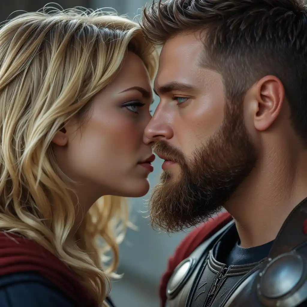 Blonde woman and bearded man sharing a romantic kiss