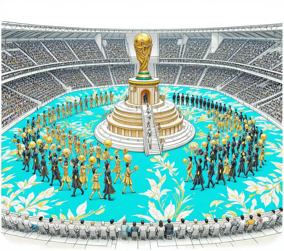 Grand football tournament opening with dancers and trophy