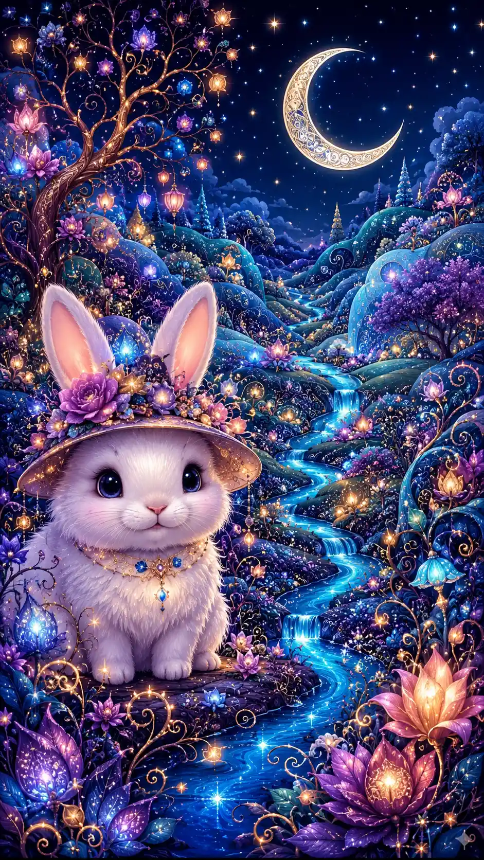 Fluffy White Rabbit In An Enchanted Moonlit Fantasy Garden