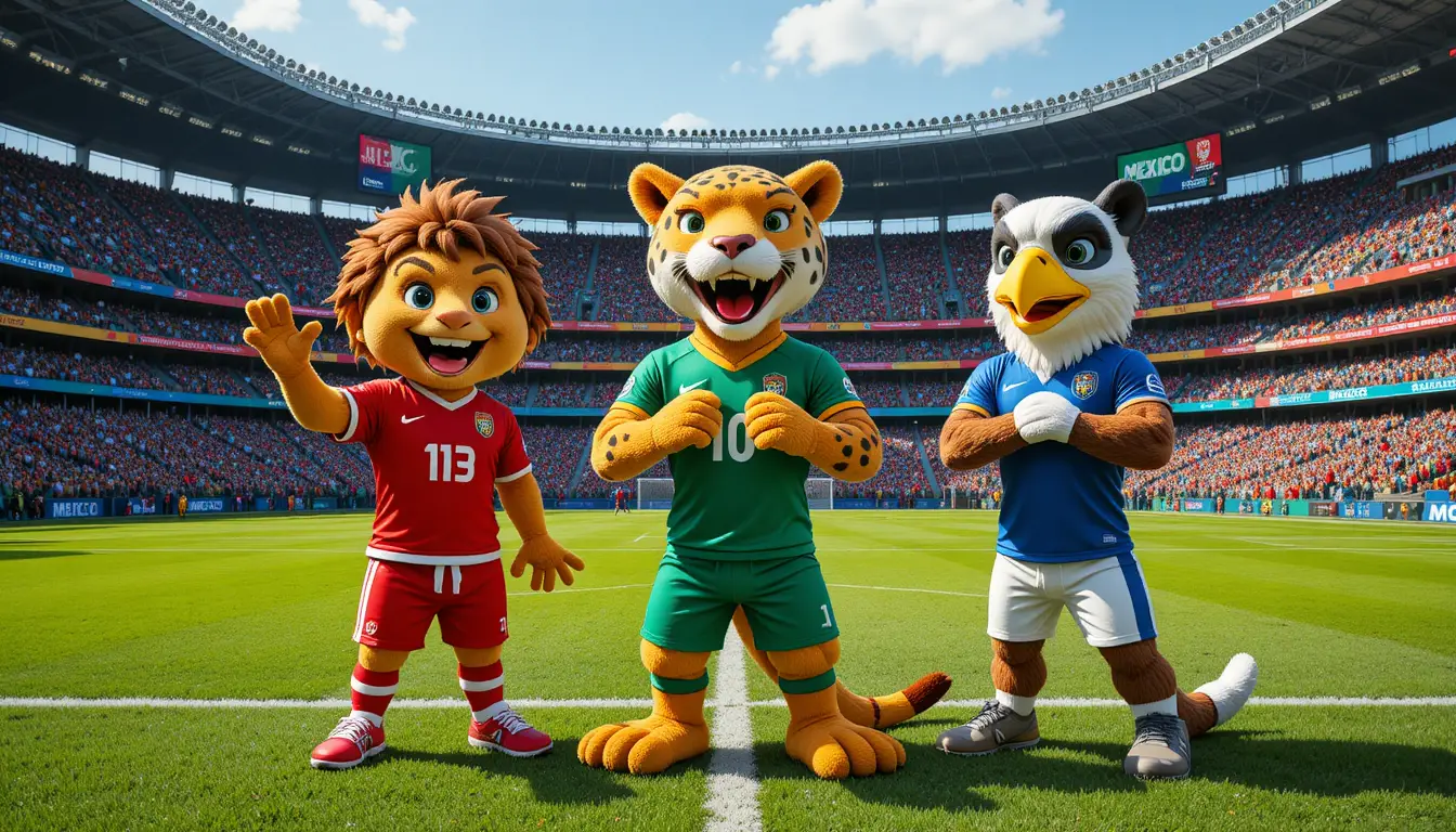 Drei Sportmaskottchen posieren auf einem lebendigen Fußballfeld