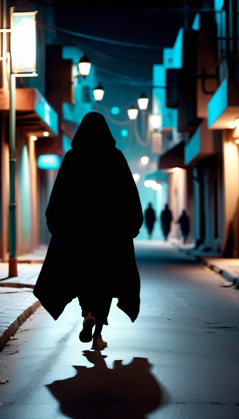 Pakistani woman walking fast down an empty night street