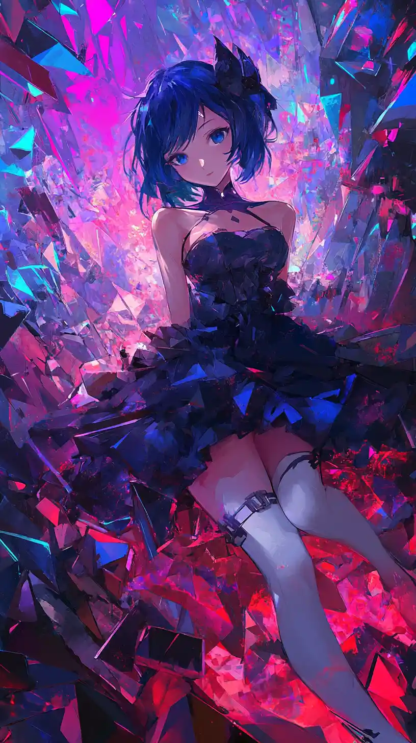 Colorful triangular world with floating ruins and debris