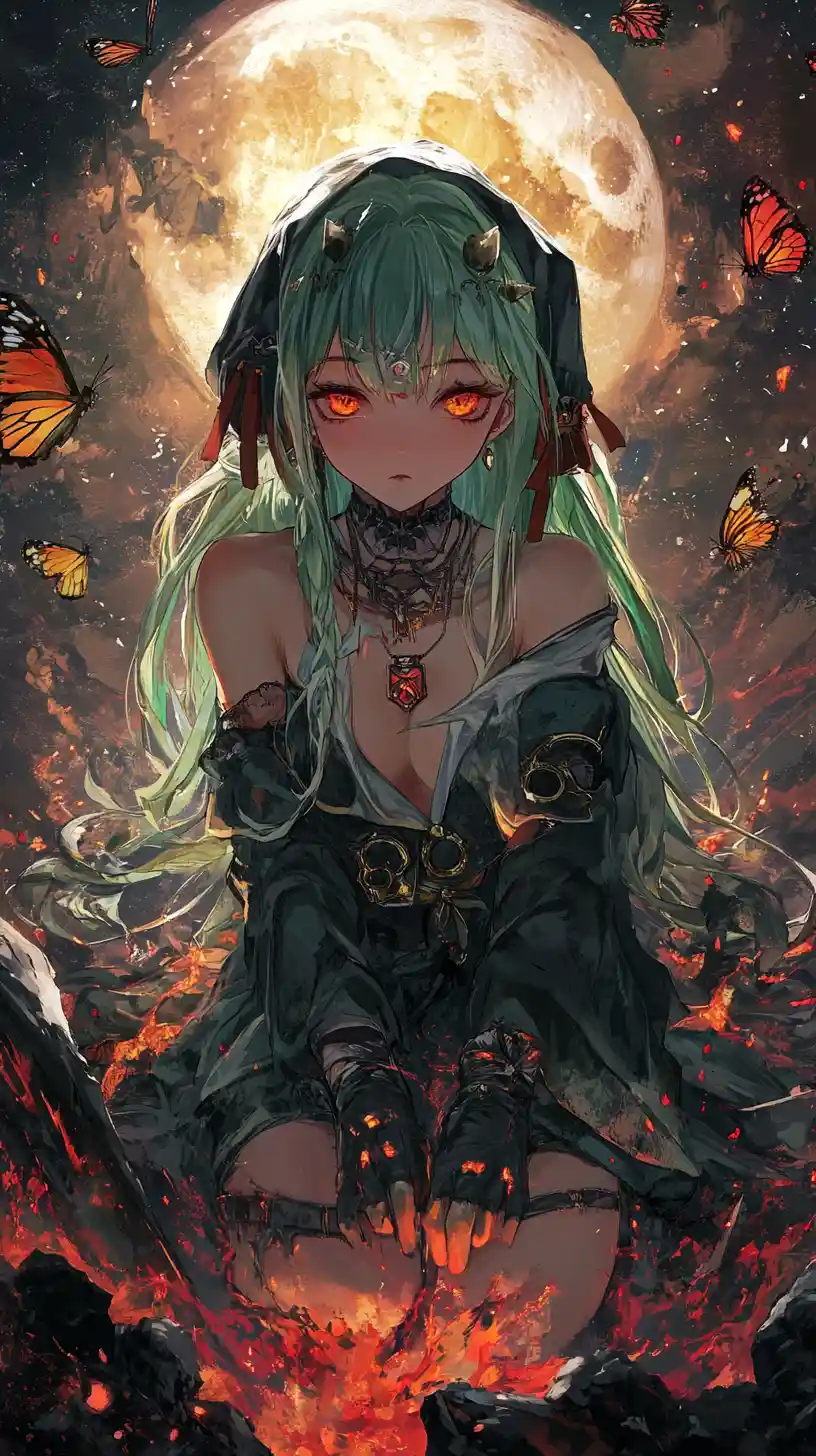 Anime girl lying in lava under a red sky and moon