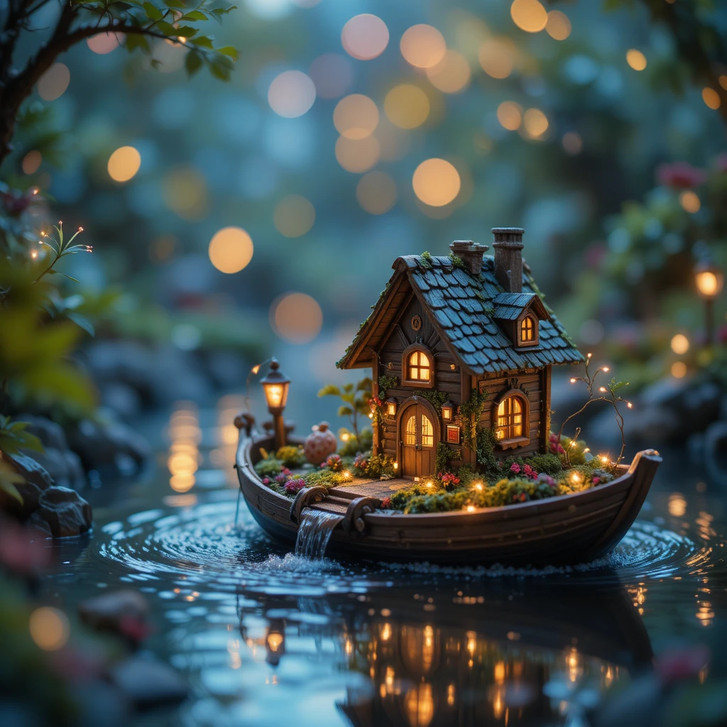 Tiny fairy house on a waterboat in glowing miniature wonderland