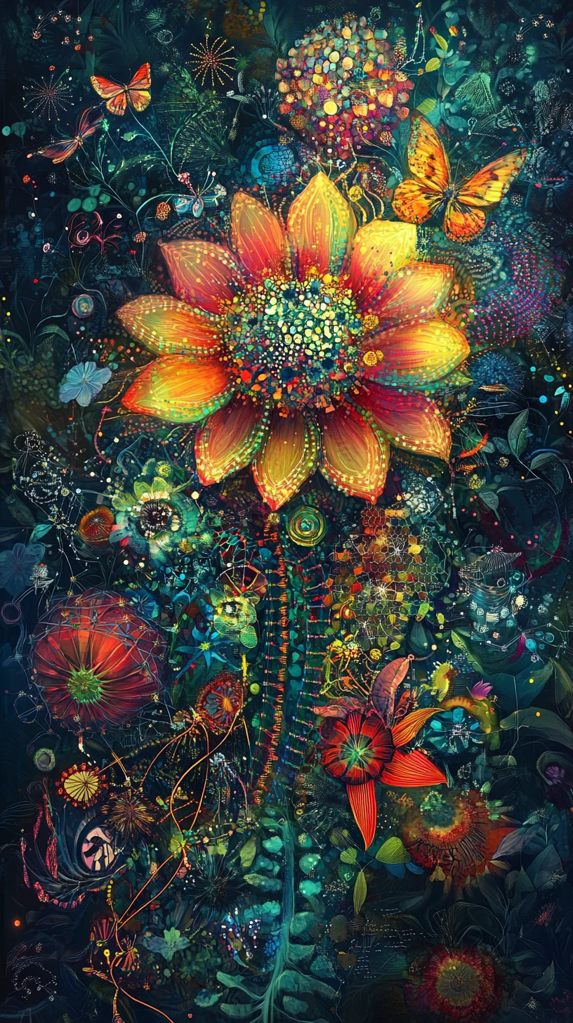 Surreal garden of data driven flowers and diagrams
