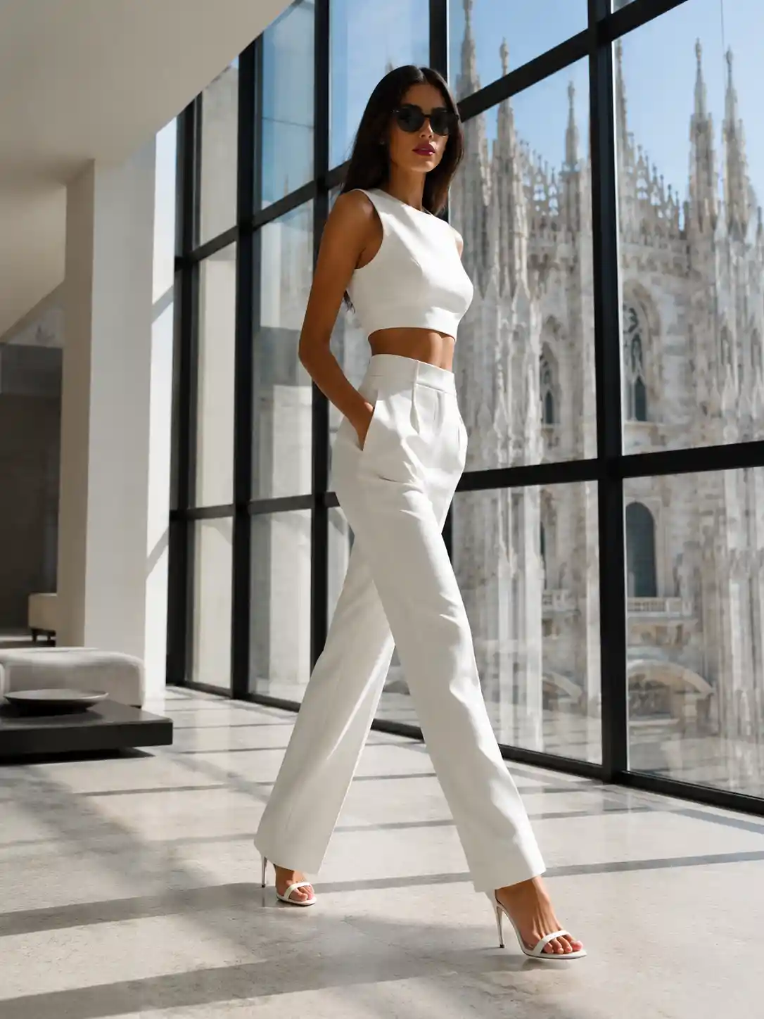 Elegant woman walking in modern interior with cathedral view