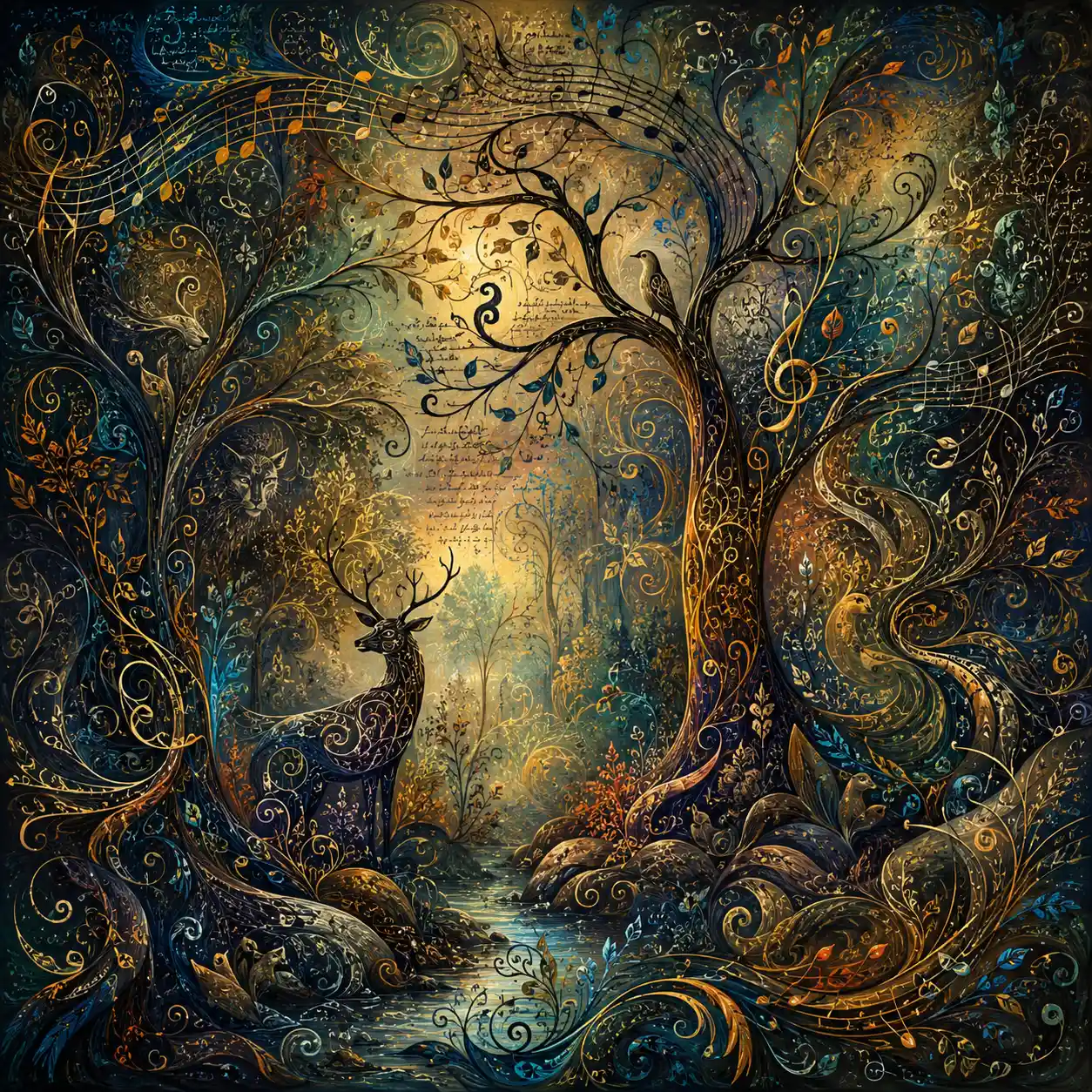 Fantasy forest of music and calligraphic vines