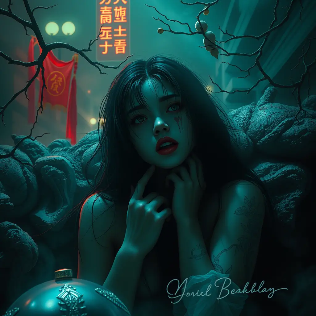 Surreal cinematic scene mixing horror comedy and desire