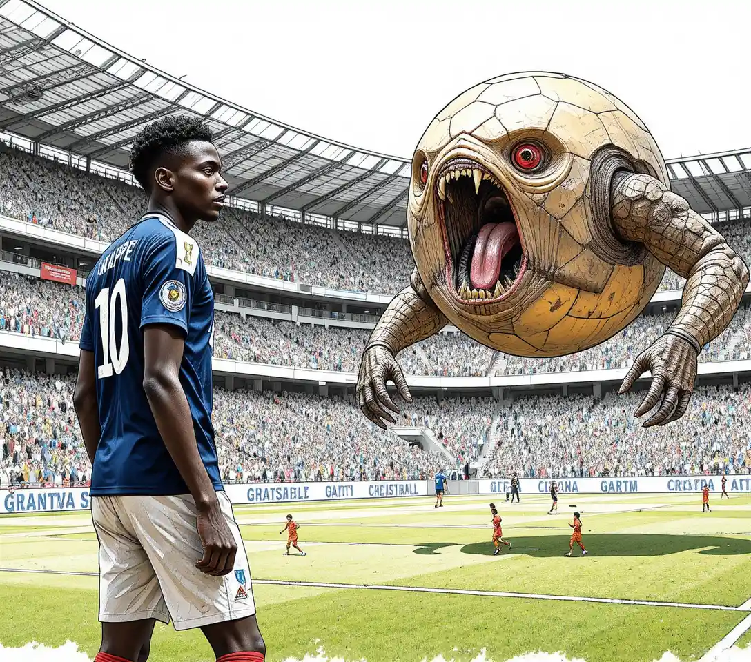 Soccer player facing monstrous ball creature on sunny field