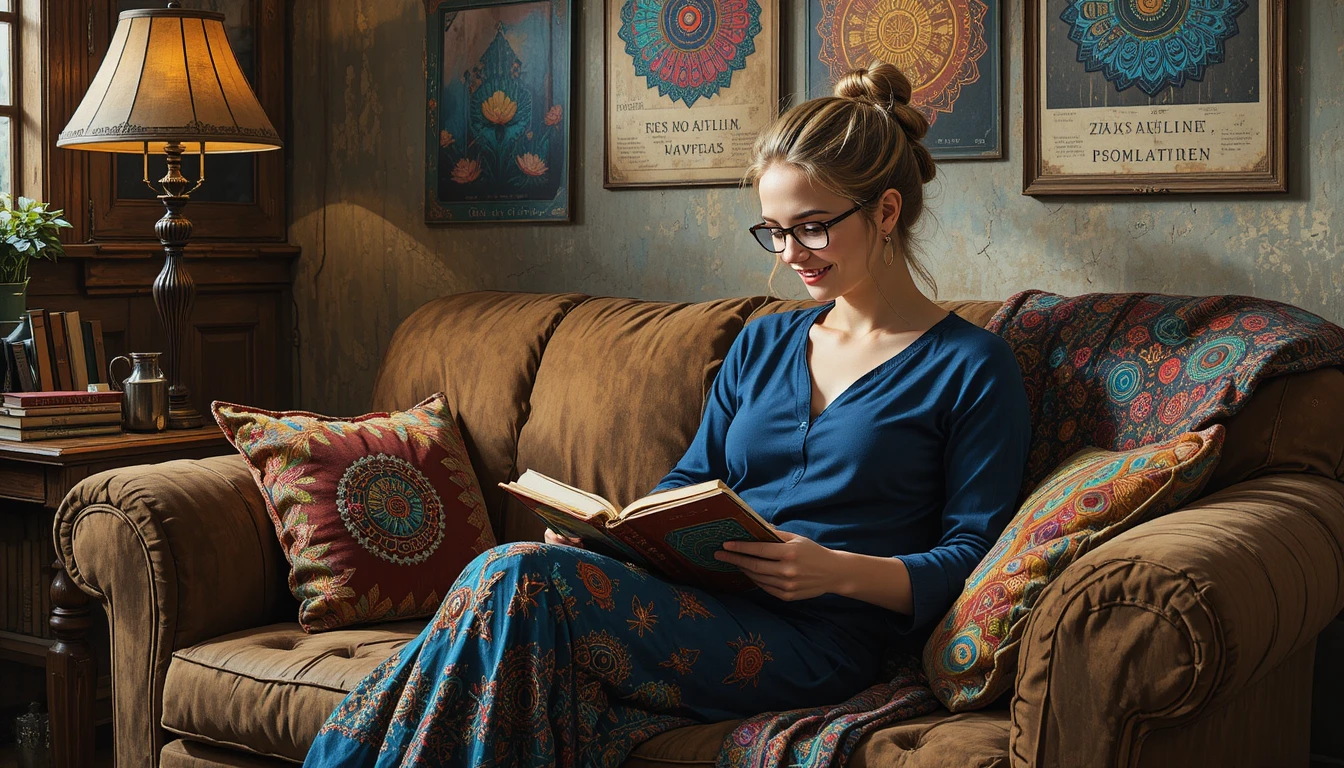 Woman coloring mandala notebook on a cozy vintage sofa