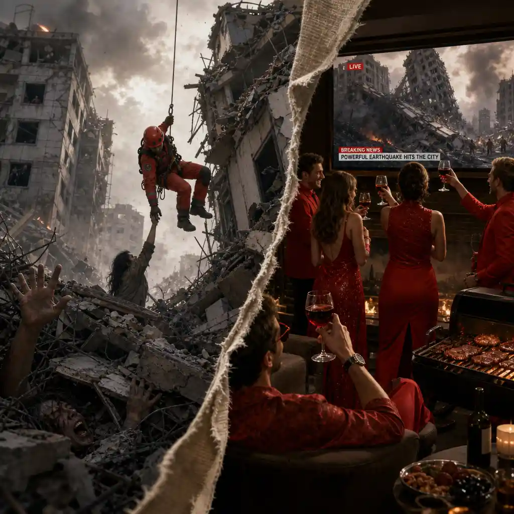 Rescuer descending amid earthquake wreckage and trapped hands