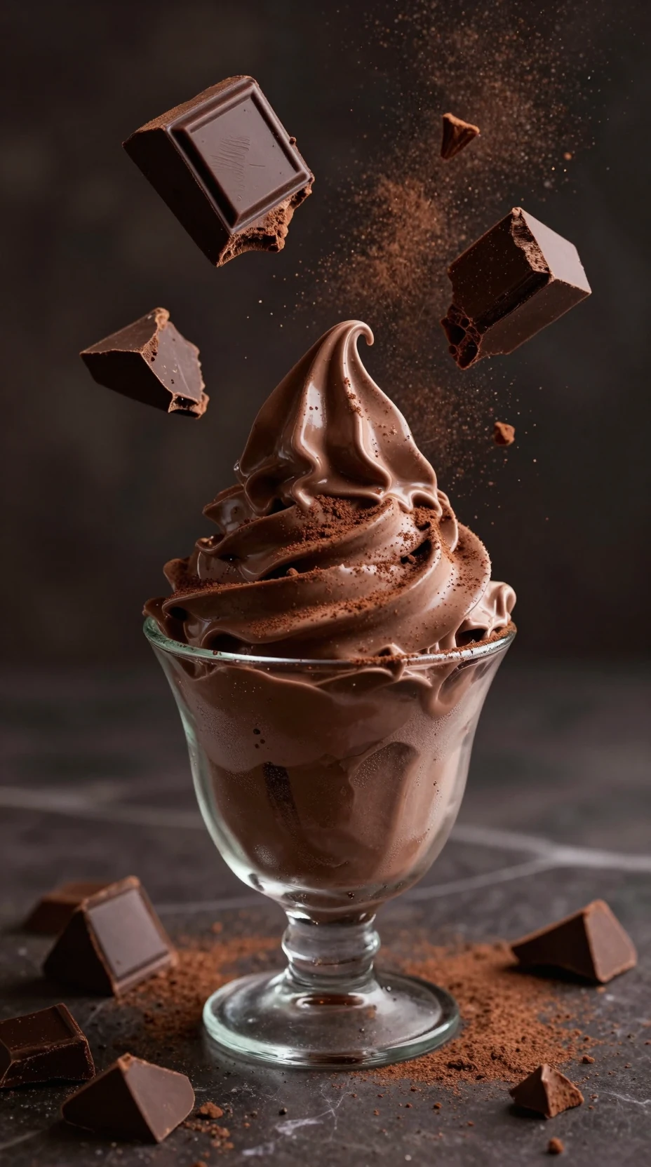Chocolate ice cream swirl in a frosted glass dessert cup