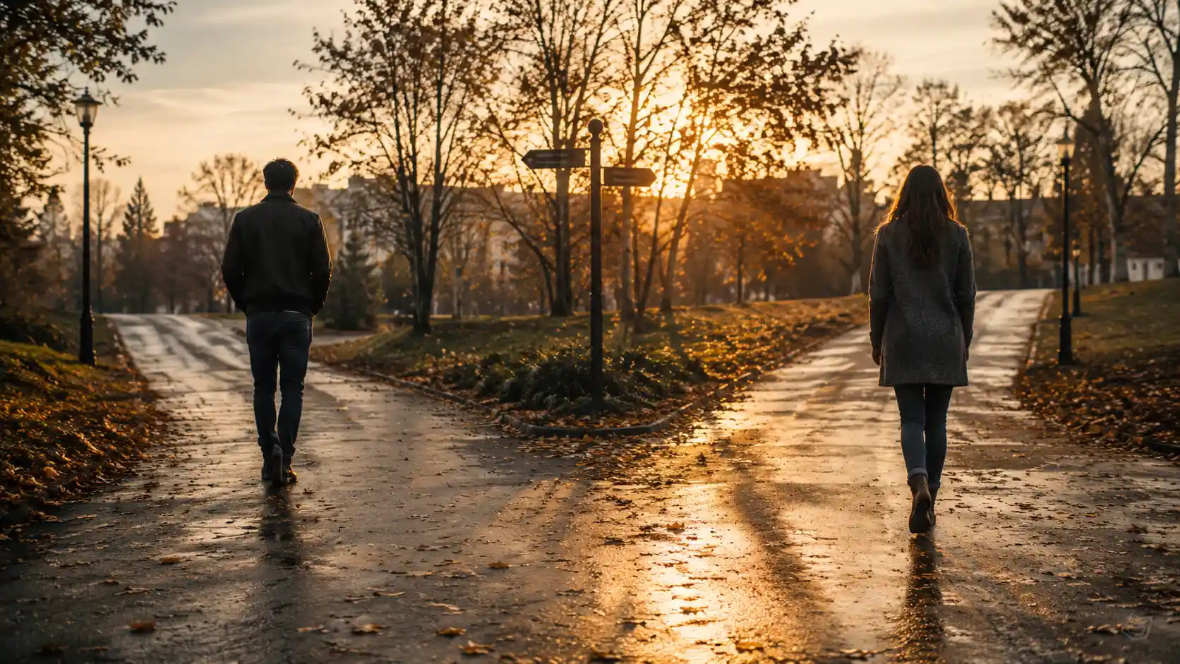 Couple walking apart at a quiet crossroads at sunset