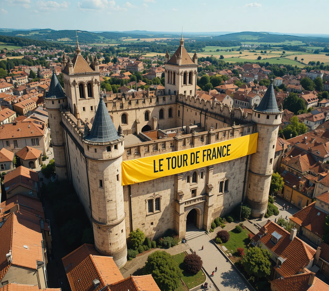 Aerial view of a medieval castle above a European town