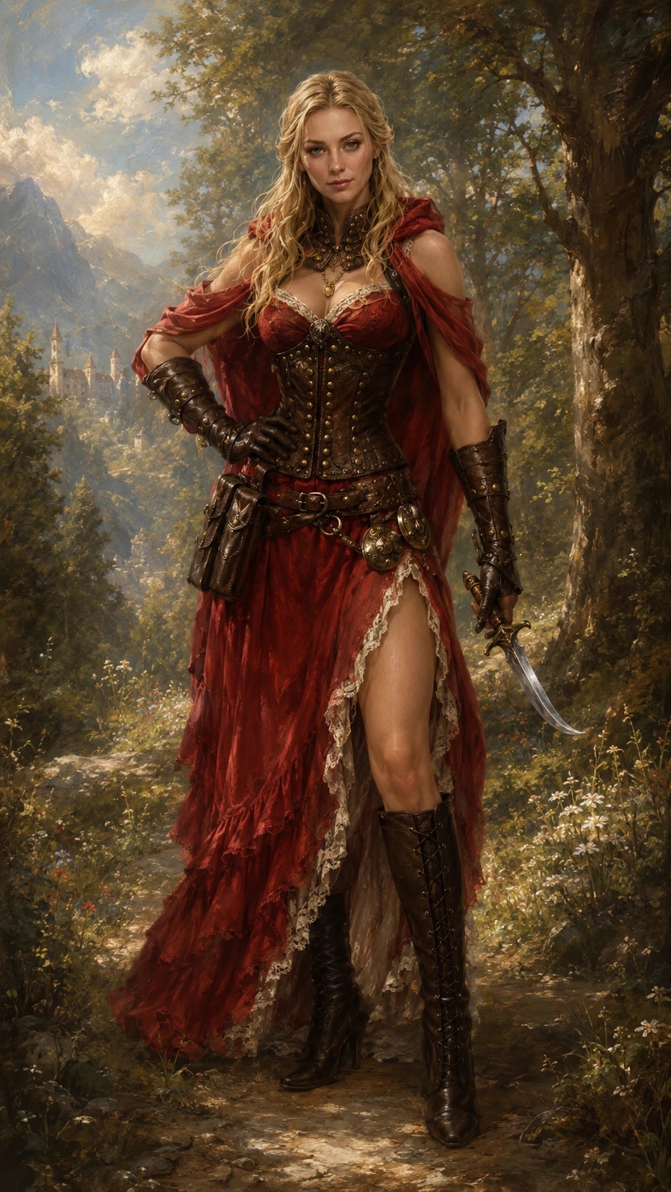 Renaissance style full length portrait of a fantasy girl