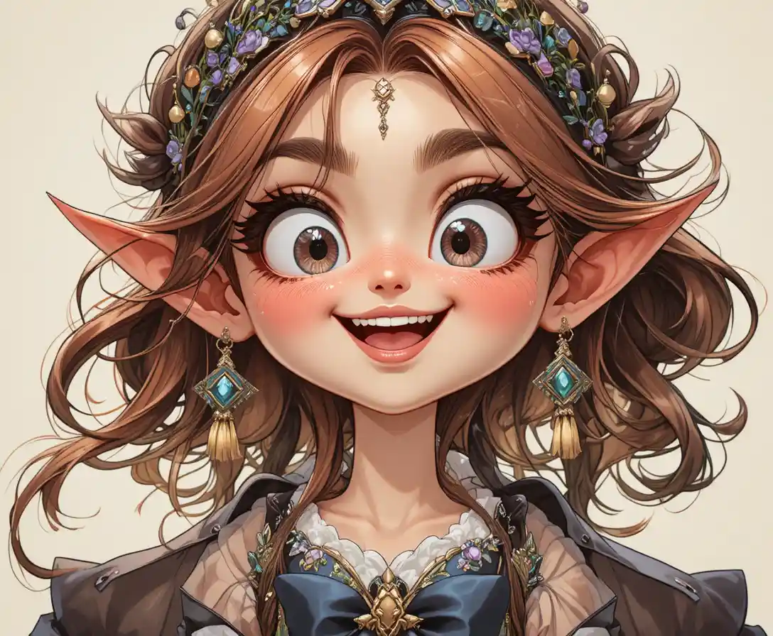 Joyful rustic fantasy cartoon characters with oversized eyes