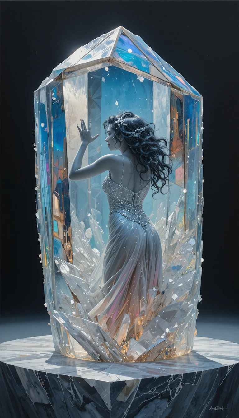 Ethereal woman emerging within a translucent crystal form