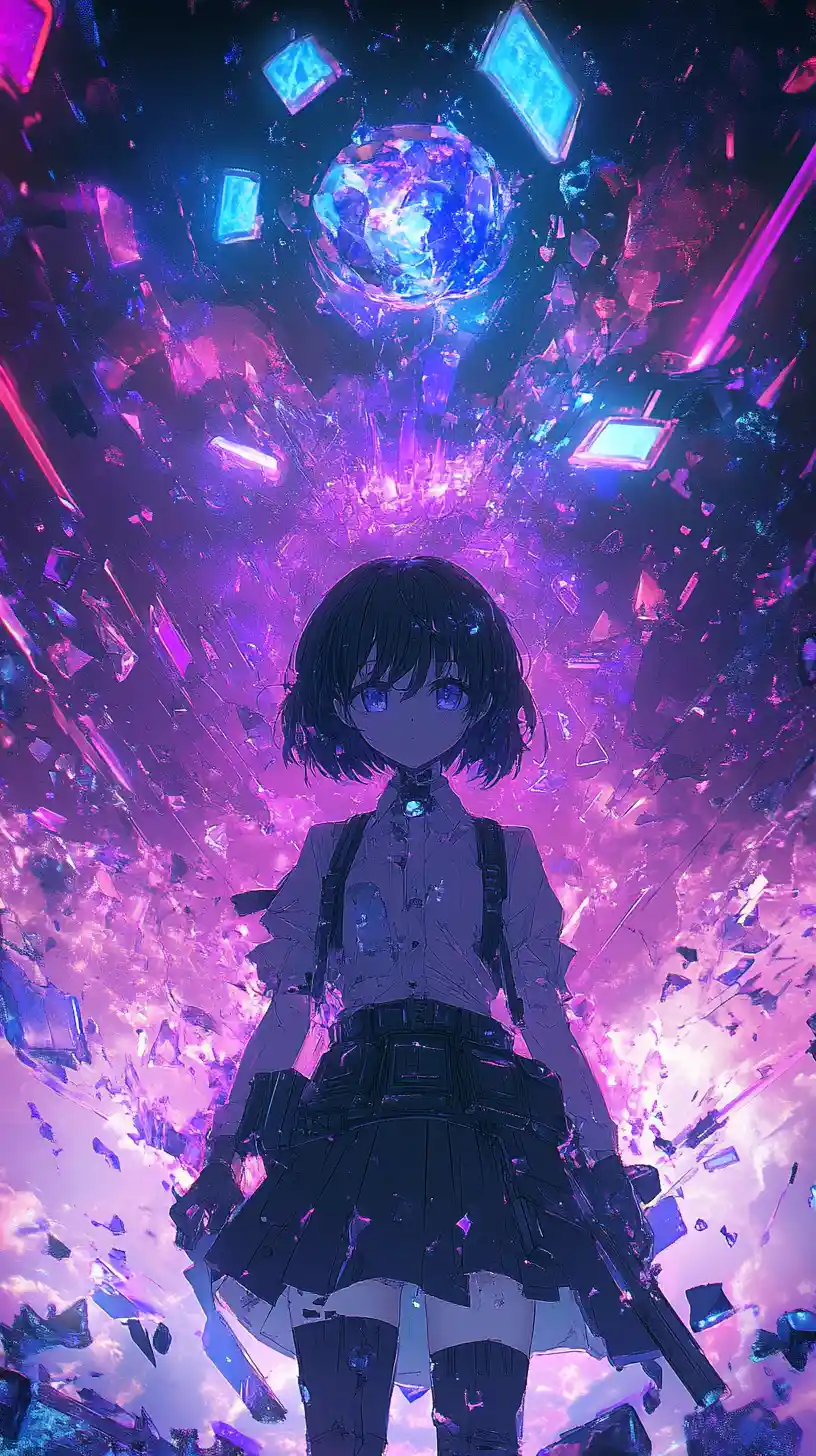 Anime girl in a shattered purple and red triangle world