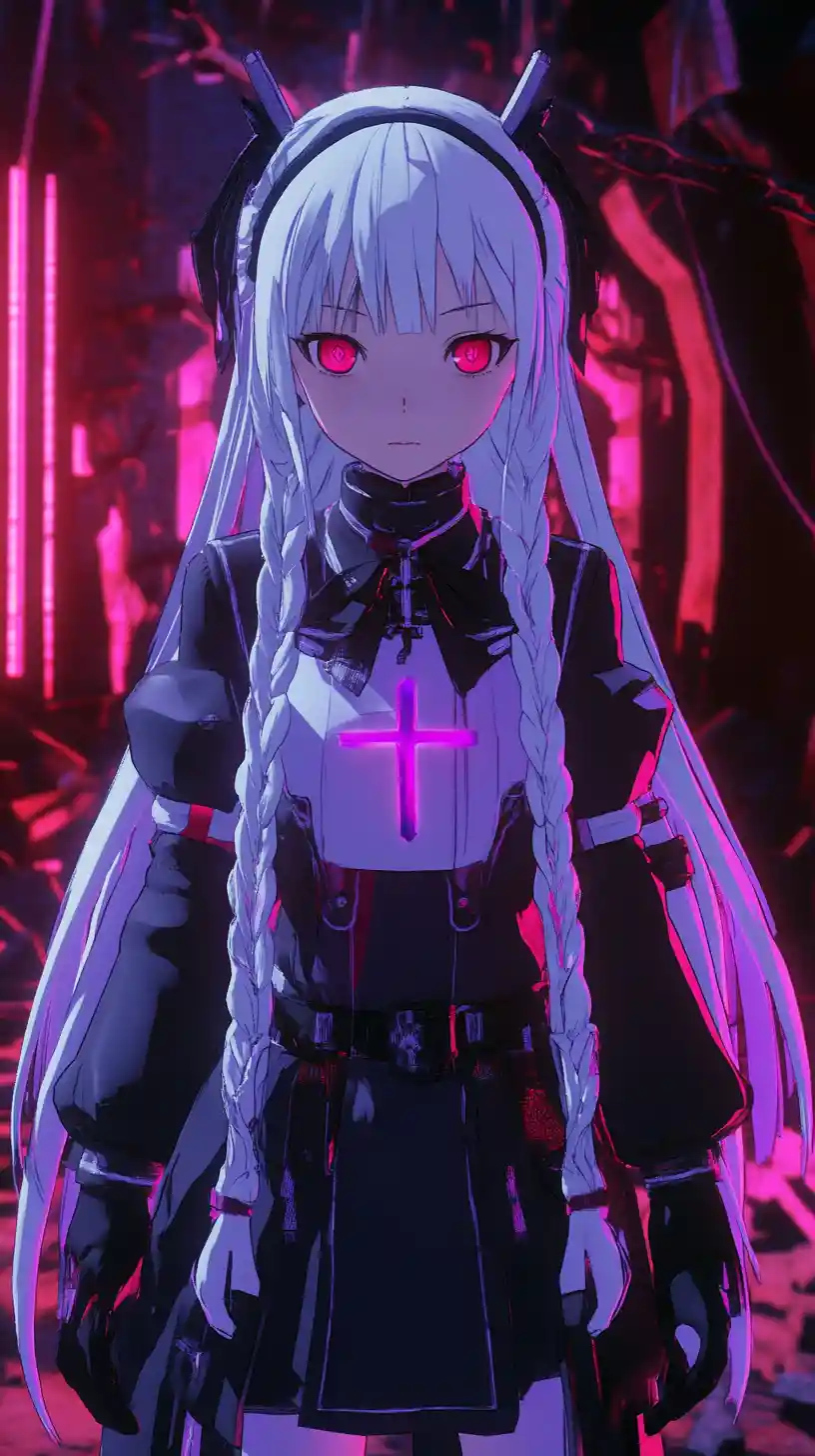 Serious angelic anime girl with spear and neon wings