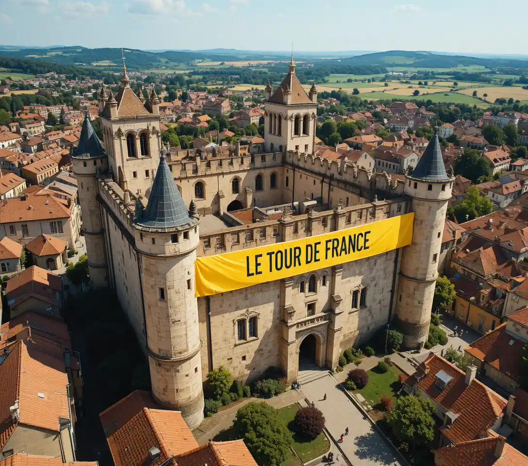 Aerial view of a medieval castle above a European town