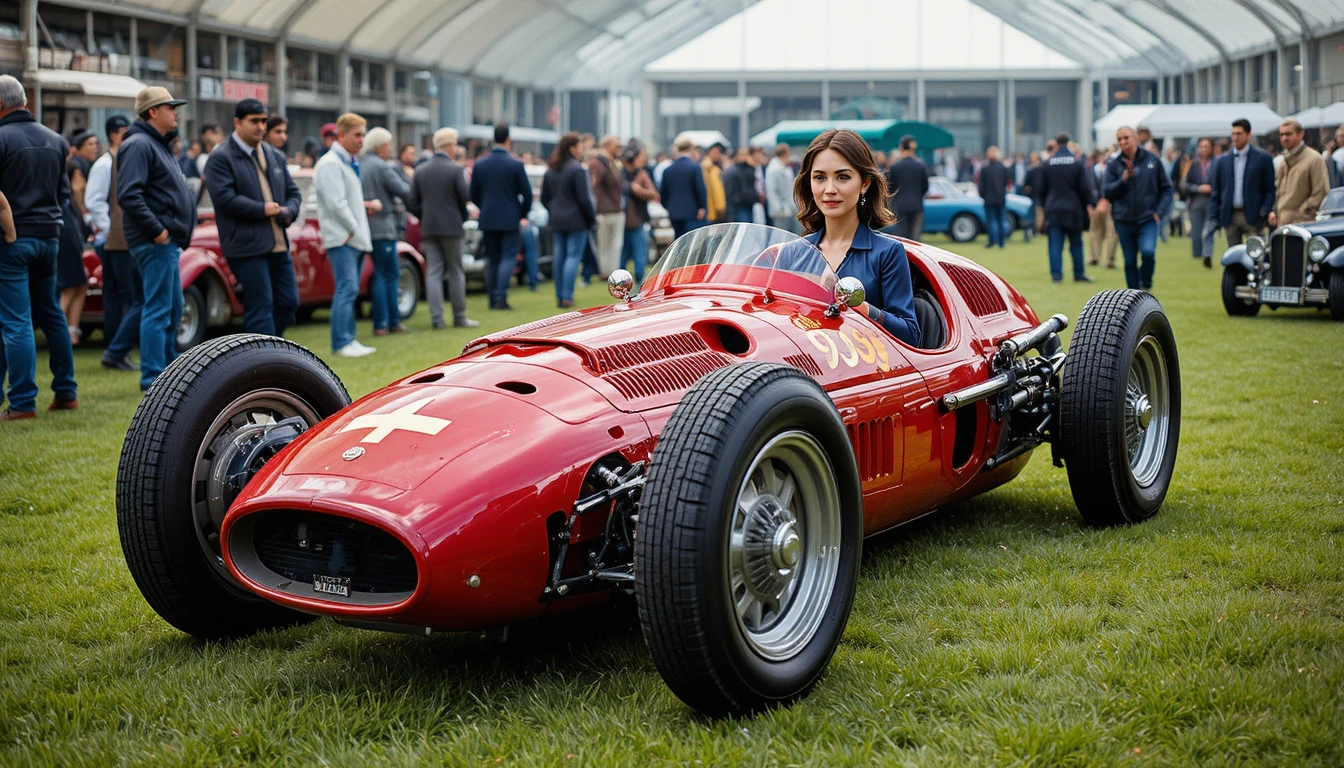 Vintage race car with confident woman driver at exhibition