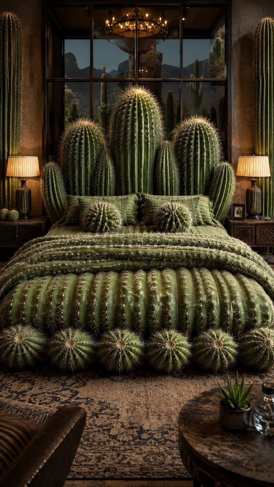 Dormitorio Surrealista con Cama de Cactus Gigante y Decoración del Desierto