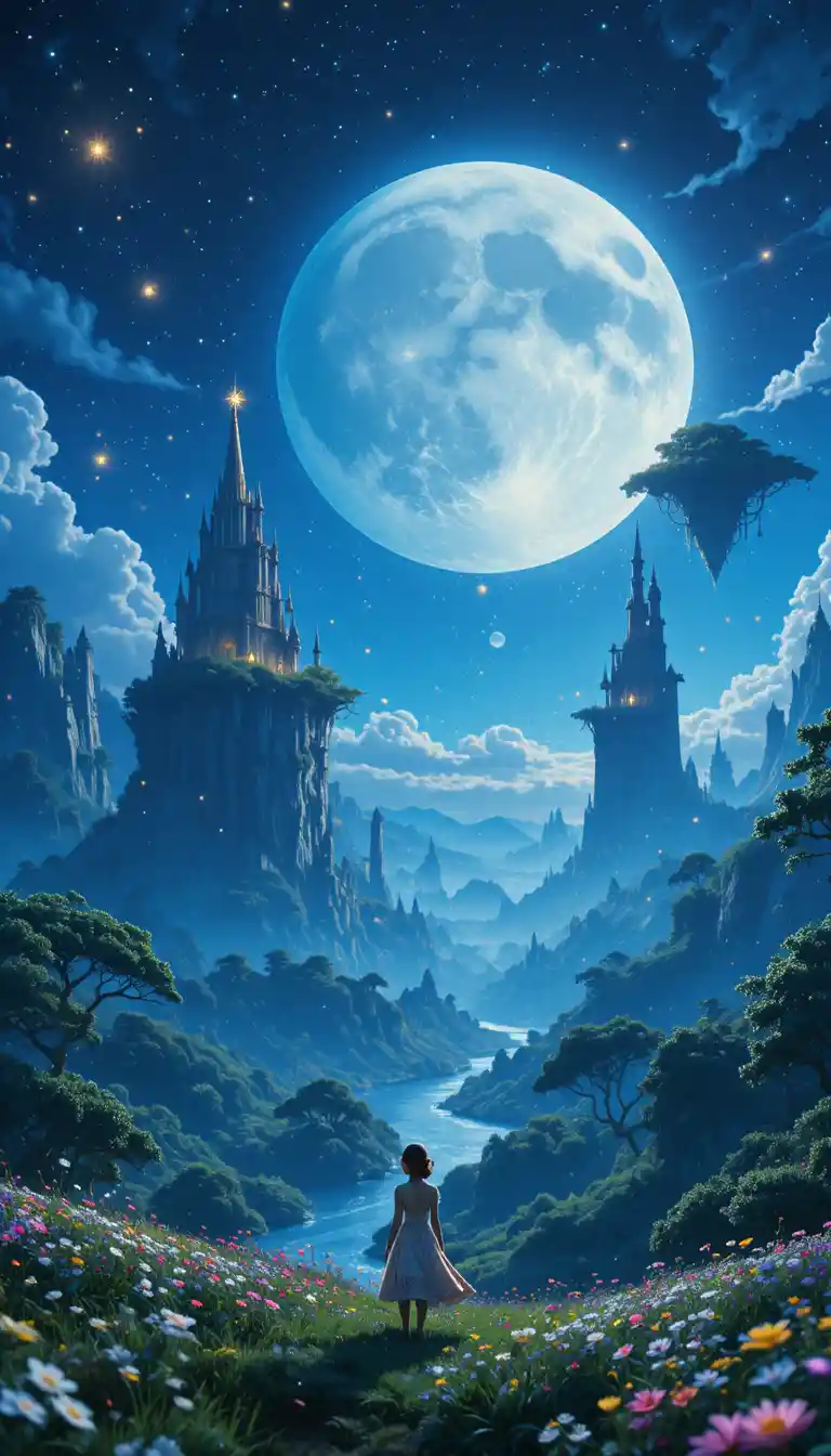 Fantasy girl under a glowing moonlit sky