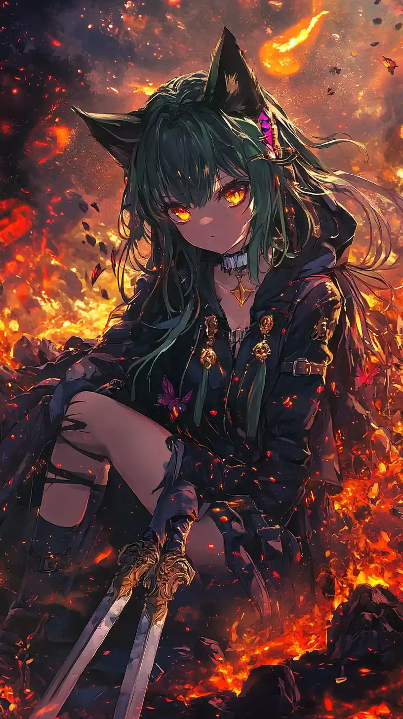 Anime girl lying in lava under a dark red sky