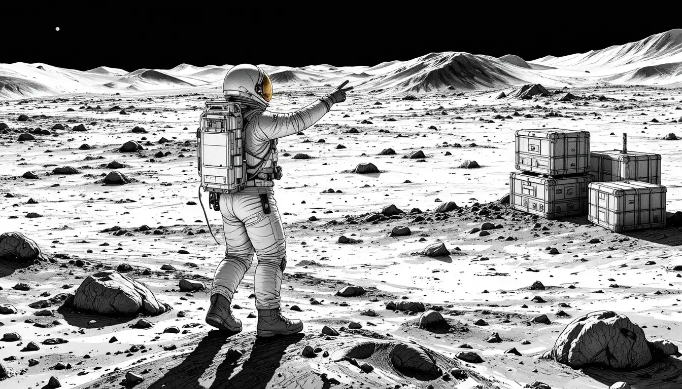 Astronauta señalando a través de un paisaje lunar desolado
