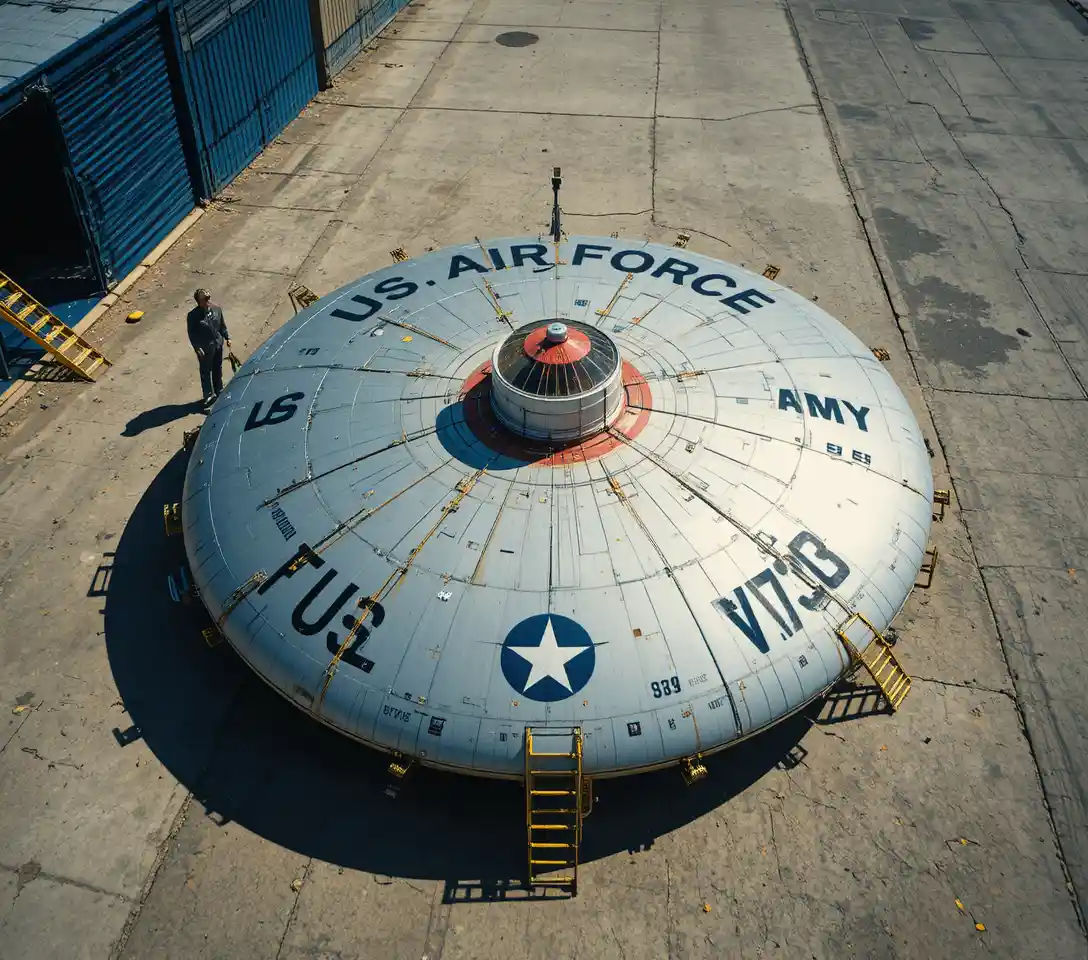 Experimental circular aircraft on tarmac in overhead daylight view