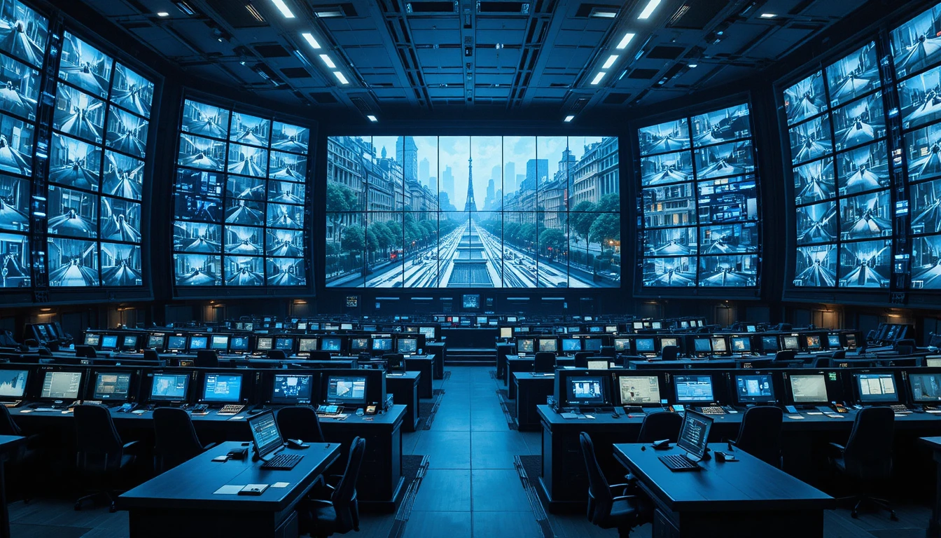 Vast futuristic control room overseeing live urban surveillance