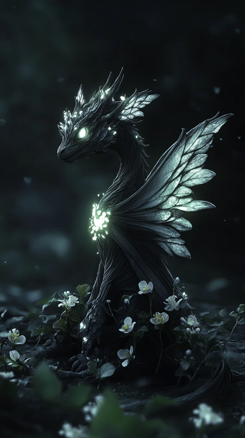 Small eyeless dragon with glowing chest and flowered spine