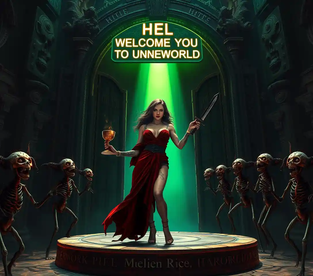 Seductive woman on rune altar before infernal gateway