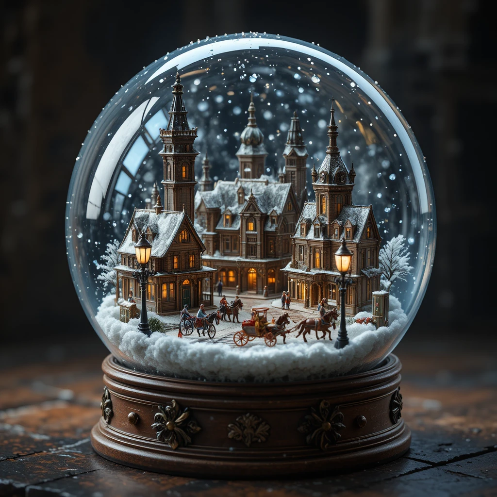 Victorian city snow globe with swirling winter scene