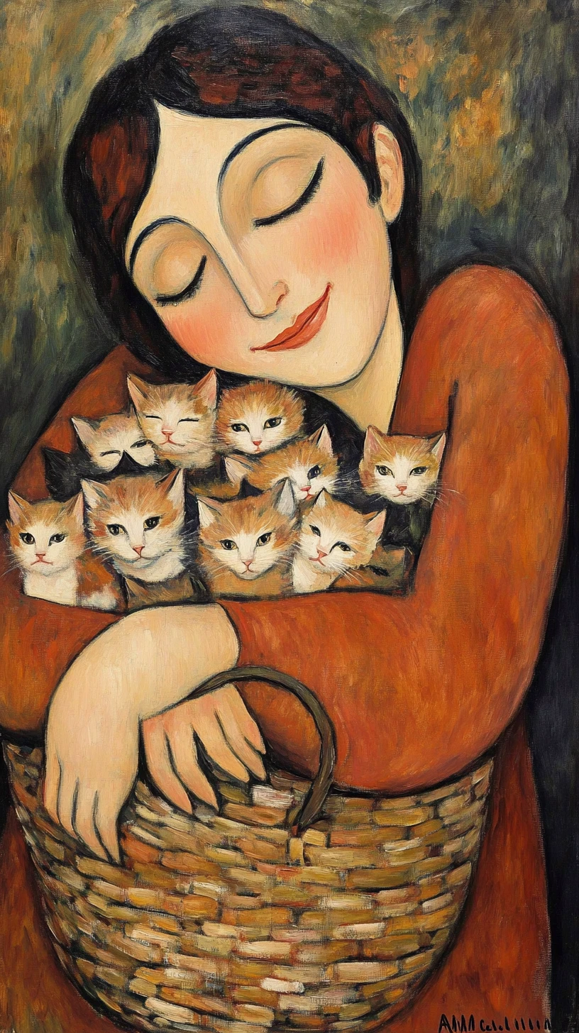 Elongated painting of a smiling woman holding a basket of kittens