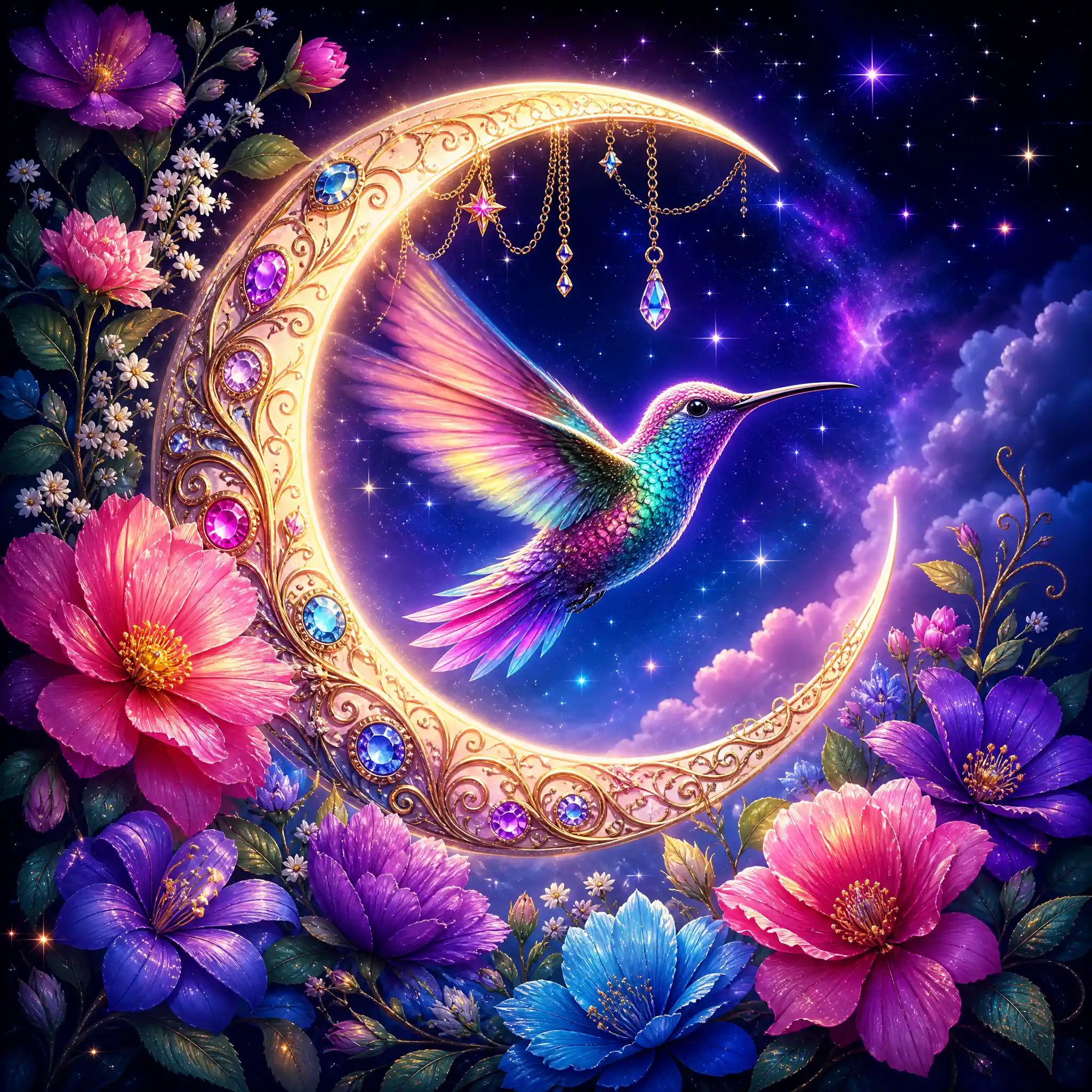 Hummingbird Flying Through A Luminous Crescent Moon